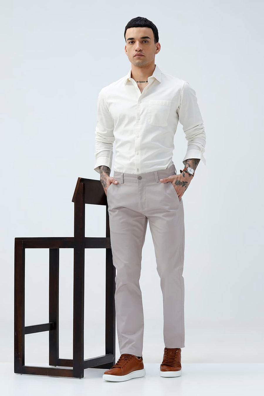 BASICS TAPERED FIT GRAY DAZE BROWN COTTON STRETCH STRUCTURE TROUSER