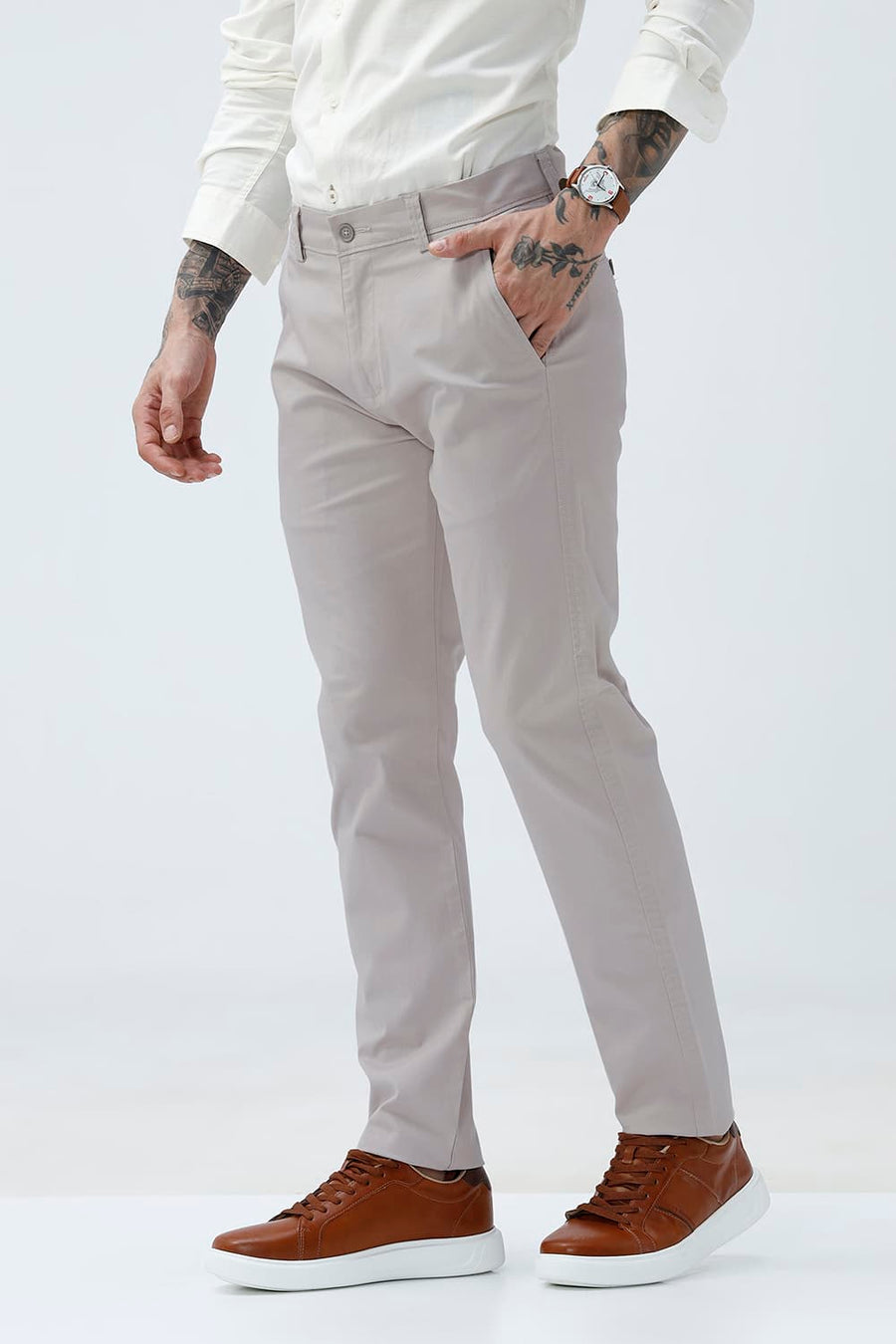 BASICS TAPERED FIT GRAY DAZE BROWN COTTON STRETCH STRUCTURE TROUSER
