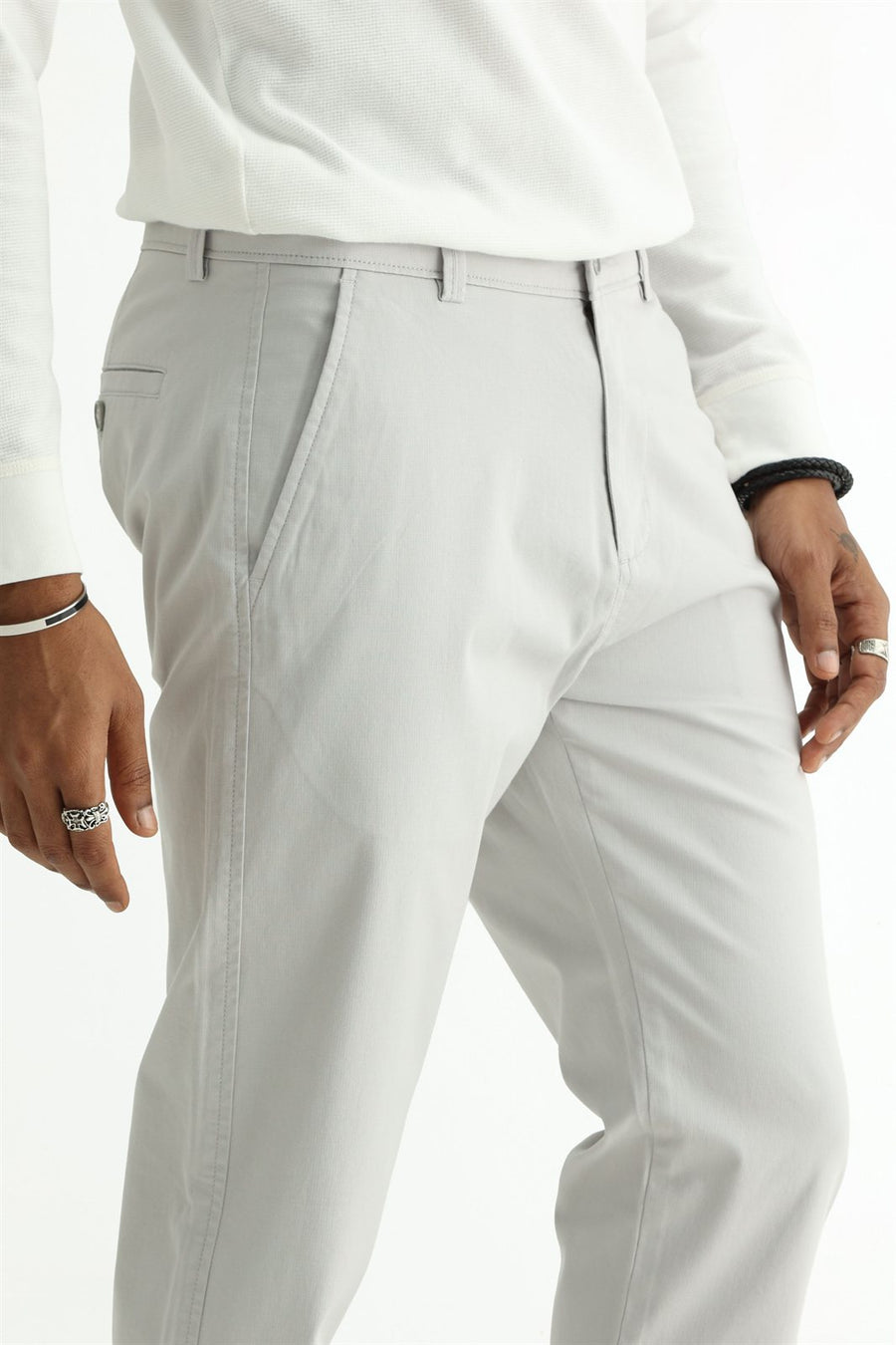 BASICS TAPERED FIT TRACING GREY COTTON STRETCH STRUCTURE TROUSER