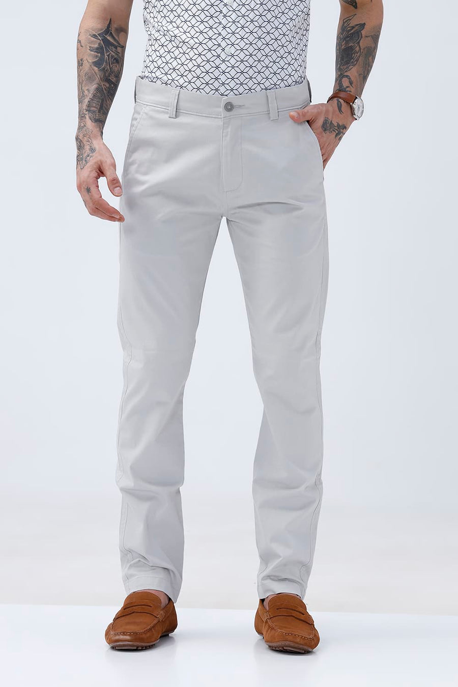 BASICS TAPERED FIT TRACING GREY COTTON STRETCH STRUCTURE TROUSER