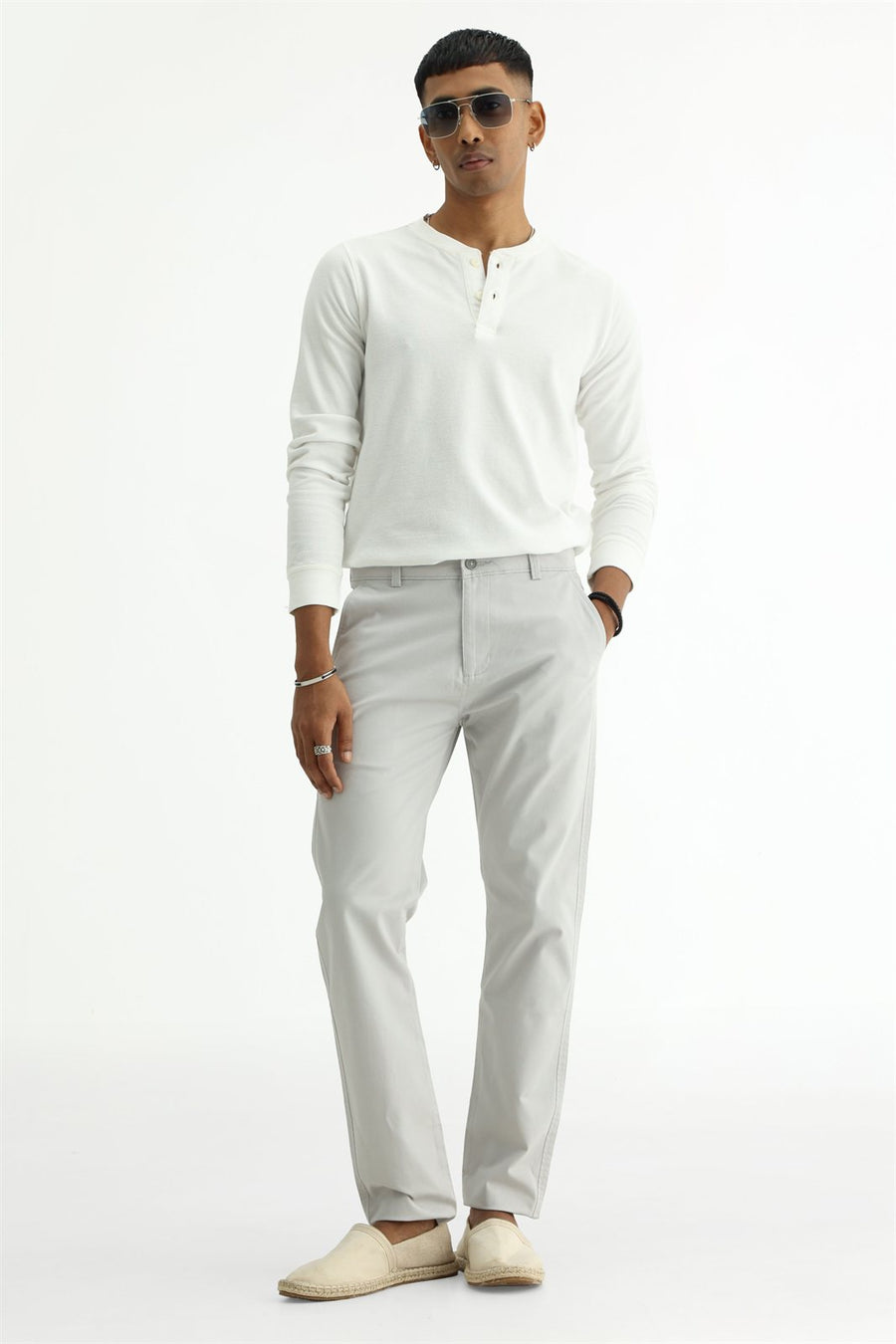 BASICS TAPERED FIT TRACING GREY COTTON STRETCH STRUCTURE TROUSER