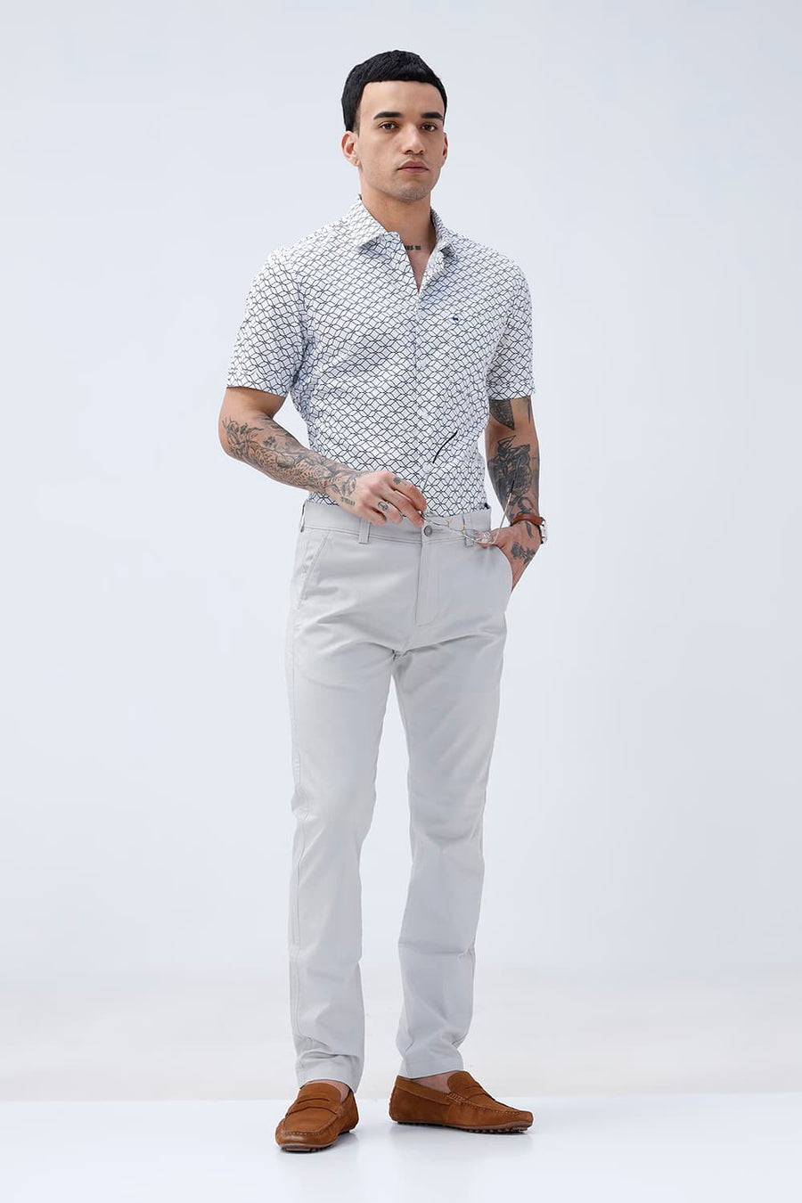 BASICS TAPERED FIT TRACING GREY COTTON STRETCH STRUCTURE TROUSER