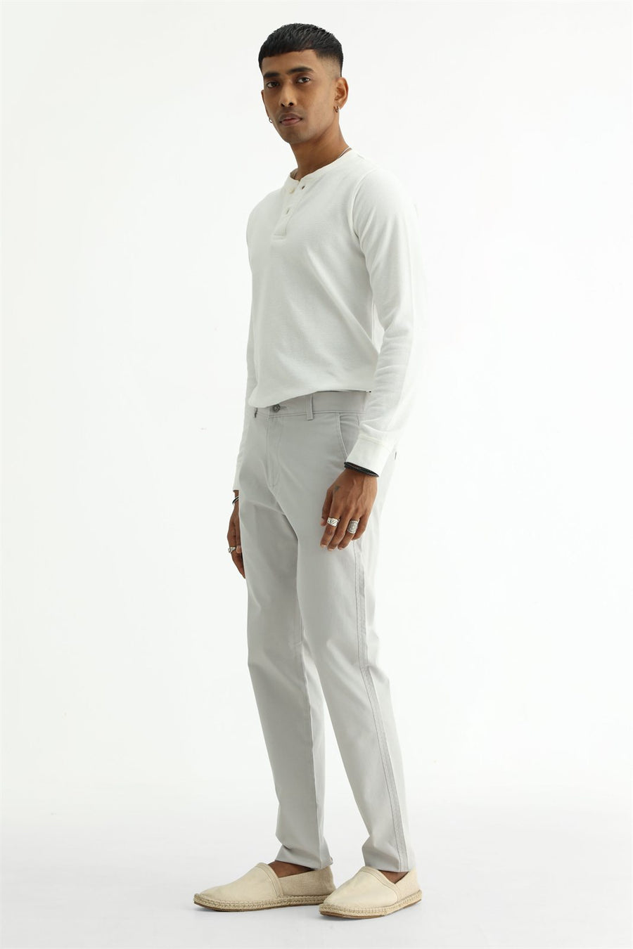 BASICS TAPERED FIT TRACING GREY COTTON STRETCH STRUCTURE TROUSER