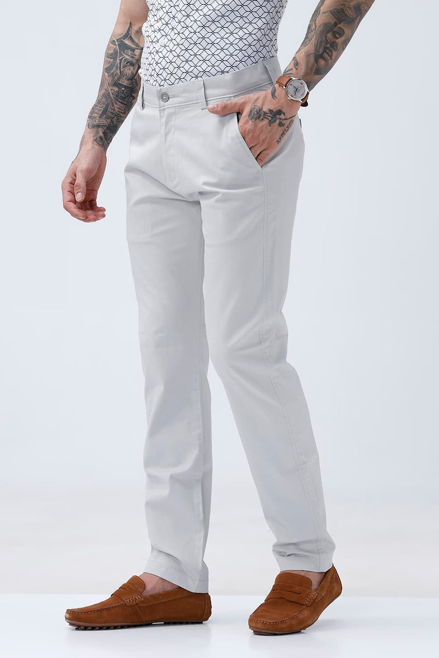 BASICS TAPERED FIT TRACING GREY COTTON STRETCH STRUCTURE TROUSER
