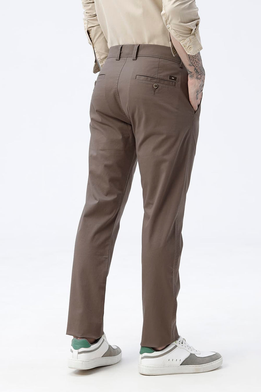 BASICS TAPERED FIT CHOCOLATE CHIP BROWN COTTON STRETCH STRUCTURE TROUSER