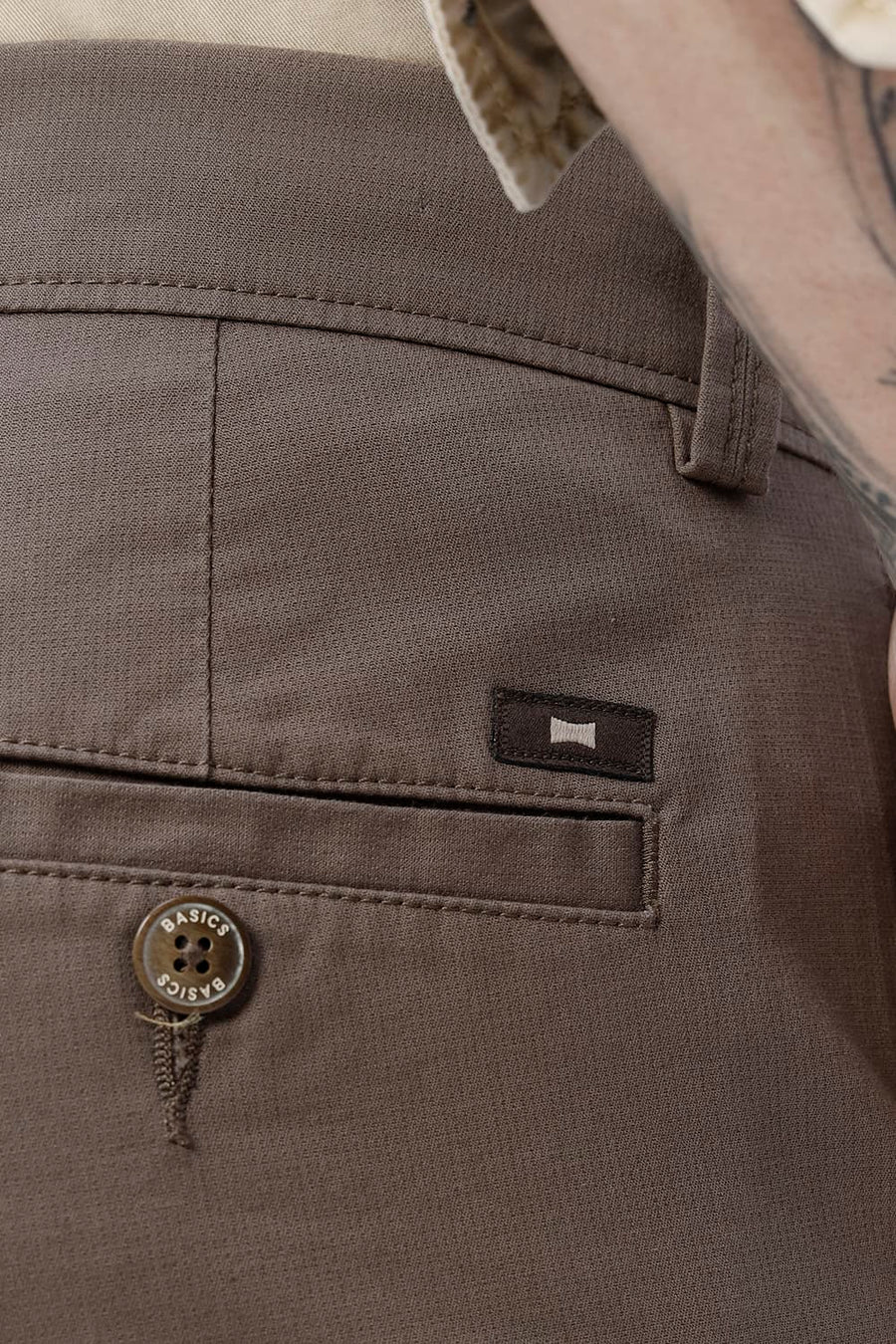 BASICS TAPERED FIT CHOCOLATE CHIP BROWN COTTON STRETCH STRUCTURE TROUSER