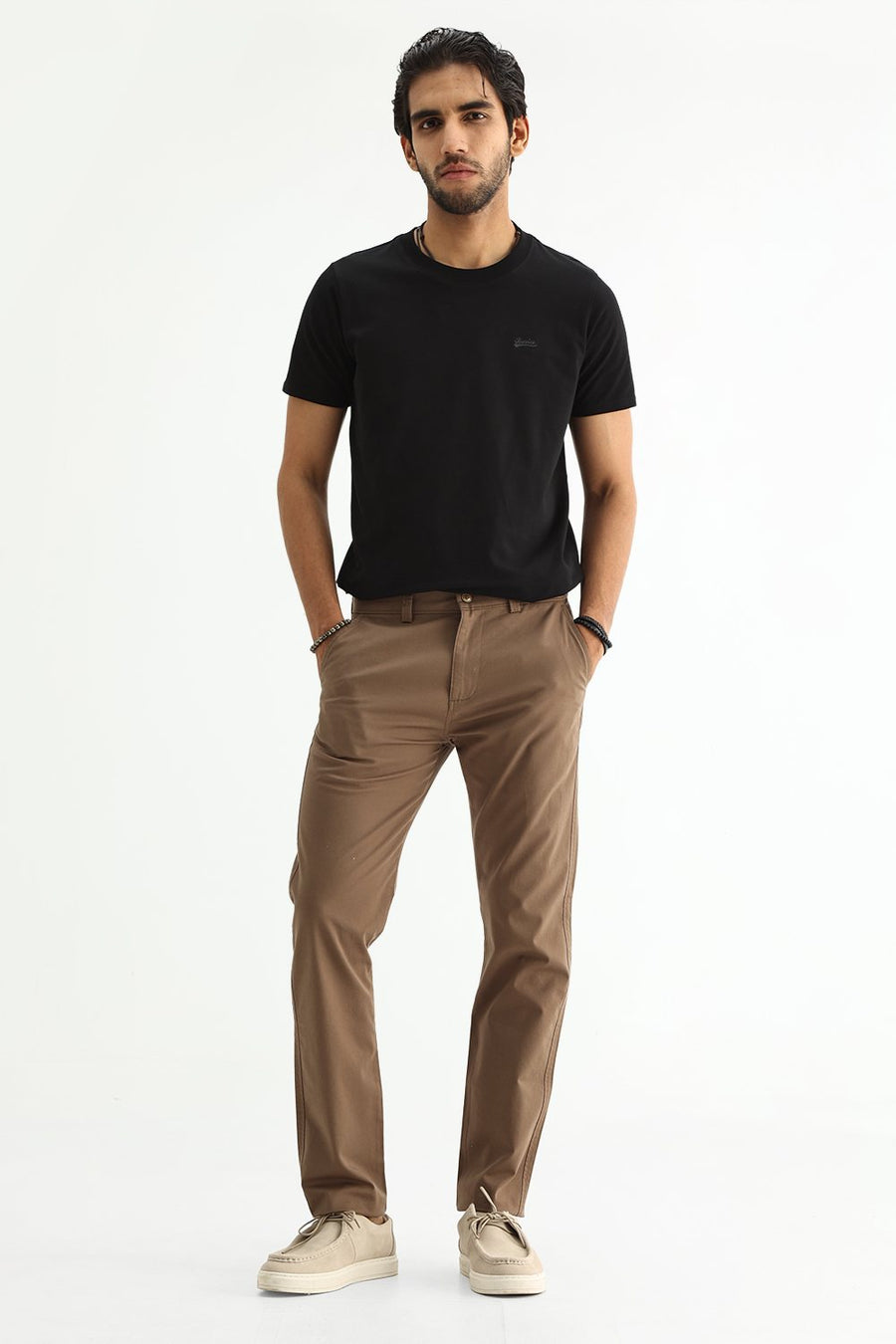 BASICS TAPERED FIT CHOCOLATE CHIP BROWN COTTON STRETCH STRUCTURE TROUSER