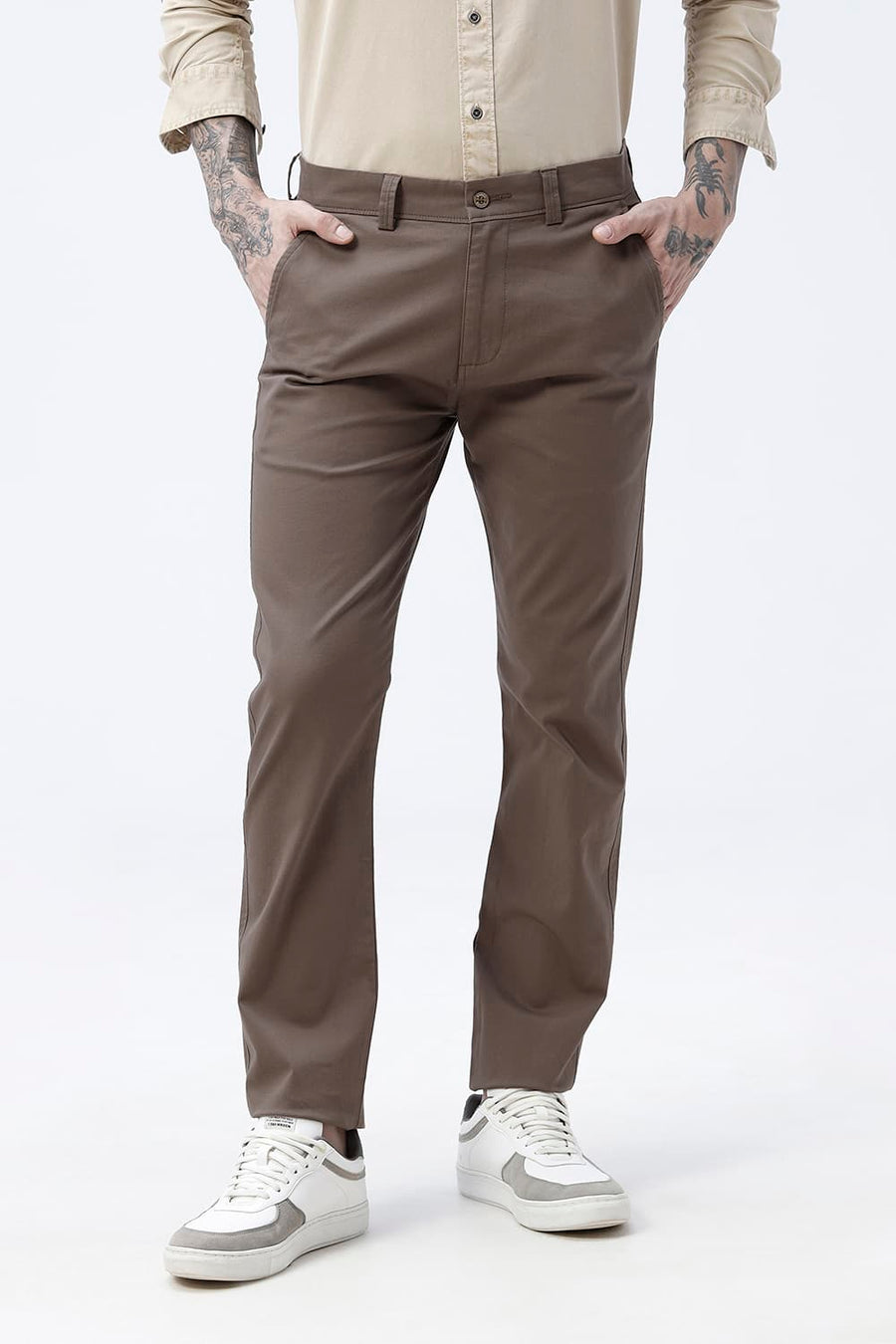 BASICS TAPERED FIT CHOCOLATE CHIP BROWN COTTON STRETCH STRUCTURE TROUSER