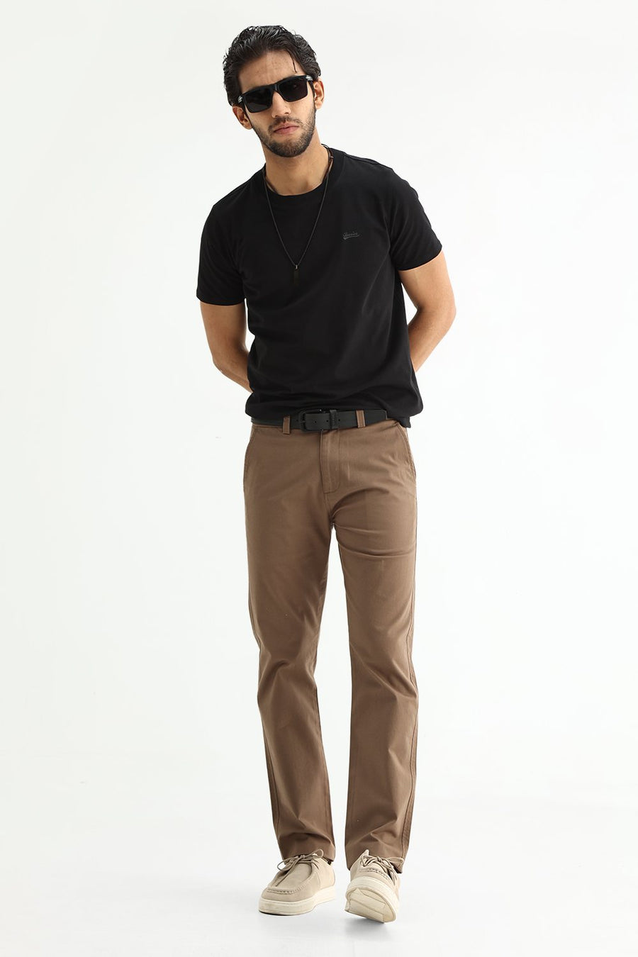 BASICS TAPERED FIT CHOCOLATE CHIP BROWN COTTON STRETCH STRUCTURE TROUSER
