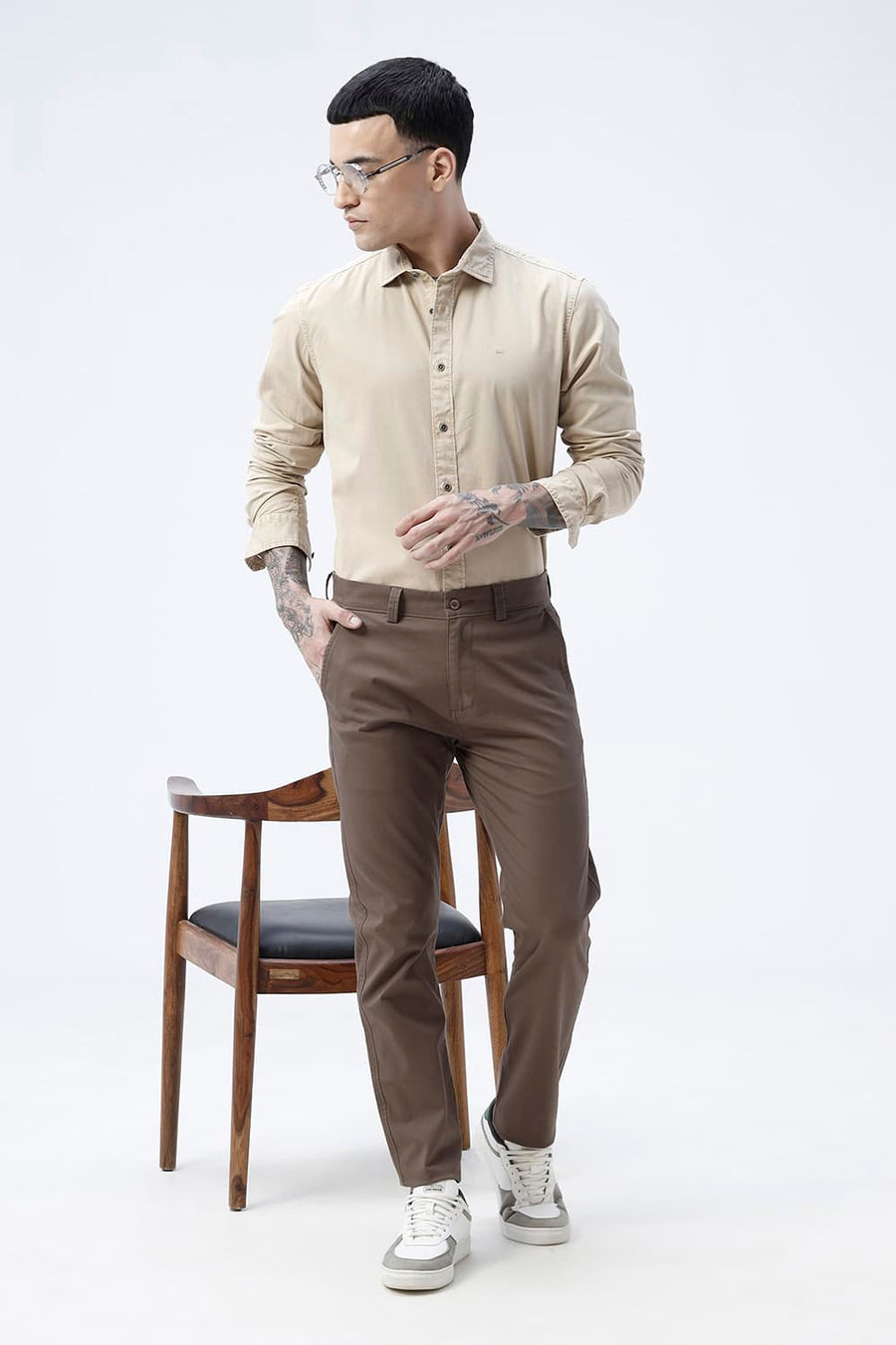 BASICS TAPERED FIT CHOCOLATE CHIP BROWN COTTON STRETCH STRUCTURE TROUSER