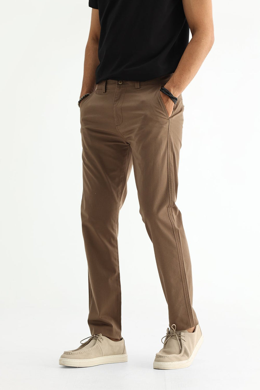 BASICS TAPERED FIT CHOCOLATE CHIP BROWN COTTON STRETCH STRUCTURE TROUSER