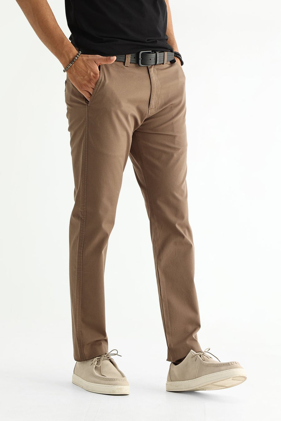BASICS TAPERED FIT CHOCOLATE CHIP BROWN COTTON STRETCH STRUCTURE TROUSER
