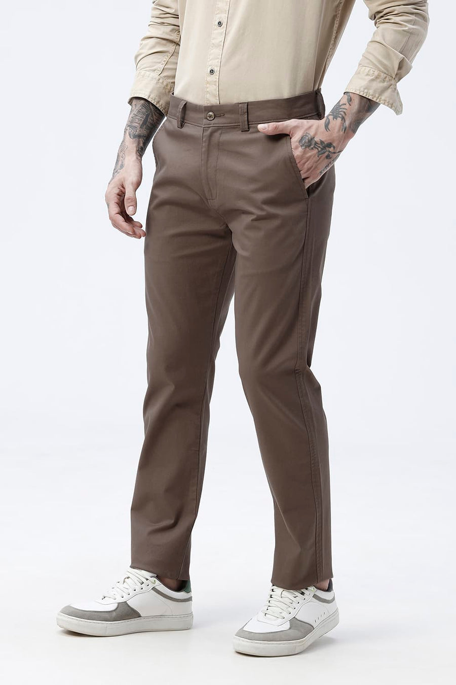 BASICS TAPERED FIT CHOCOLATE CHIP BROWN COTTON STRETCH STRUCTURE TROUSER