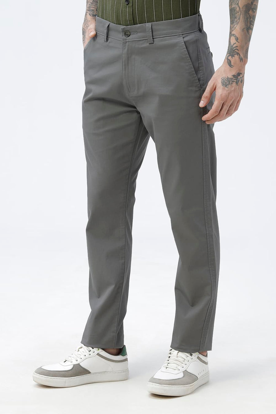 BASICS TAPERED FIT STONE MOUNTAIN GREEN COTTON STRETCH STRUCTURE TROUSER