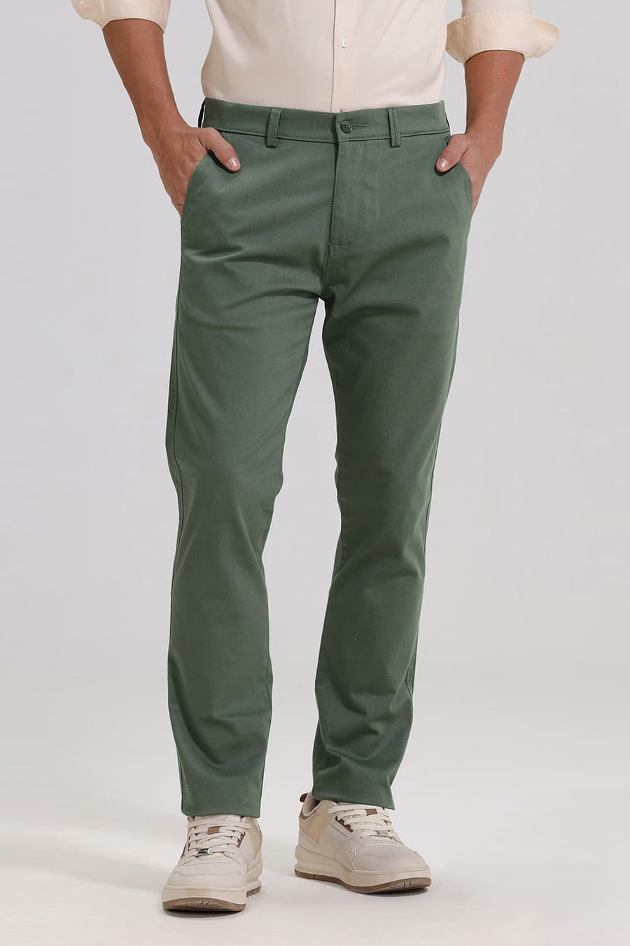 Basics Tapered Fit Balsam Green Cotton Stretch Trouser