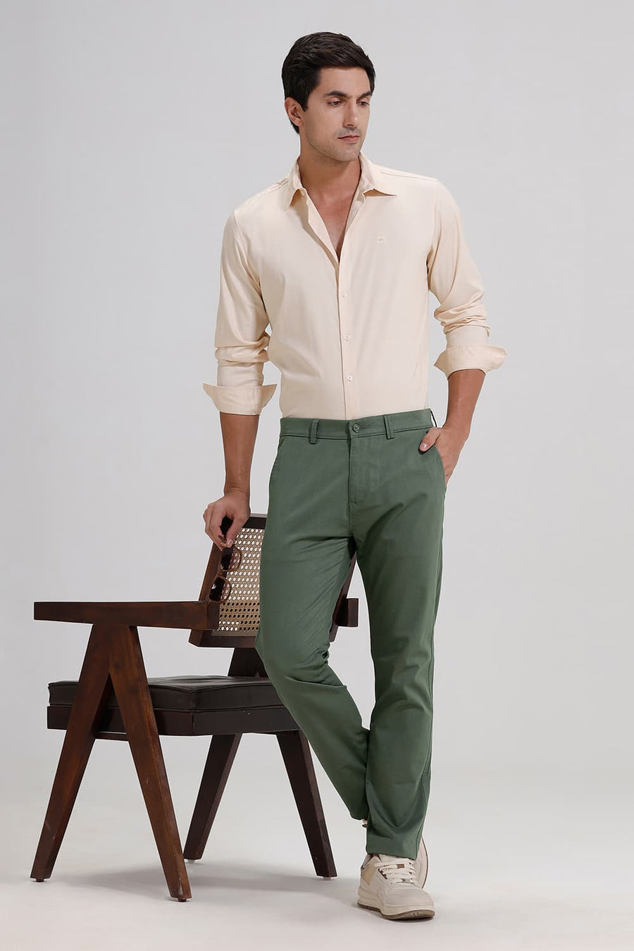 Basics Tapered Fit Balsam Green Cotton Stretch Trouser