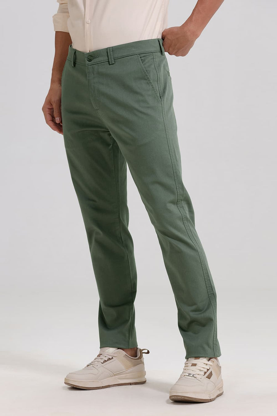 Basics Tapered Fit Balsam Green Cotton Stretch Trouser