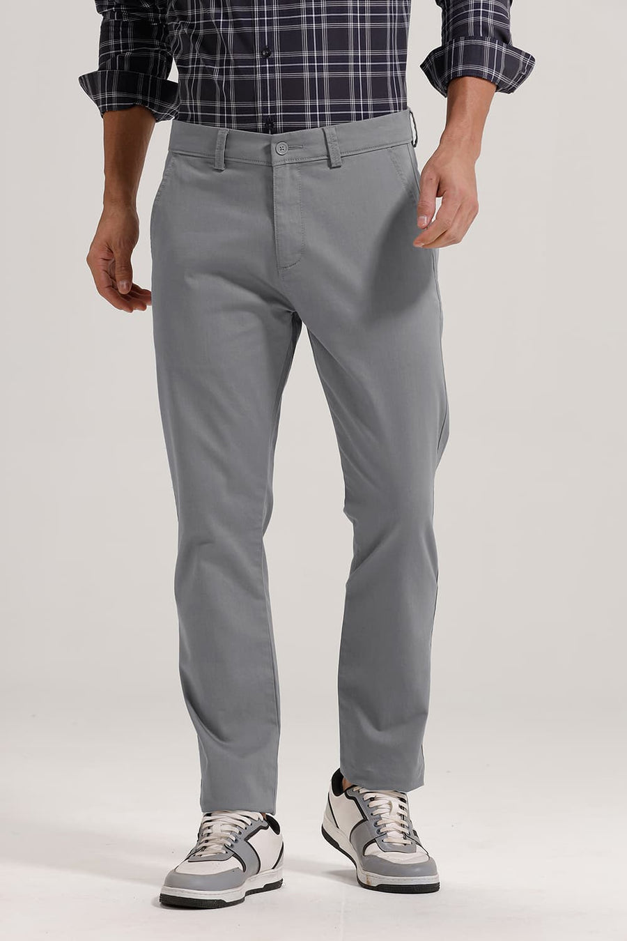 BASICS TAPERED FIT NEUTRAL GREY COTTON STRETCH TROUSER