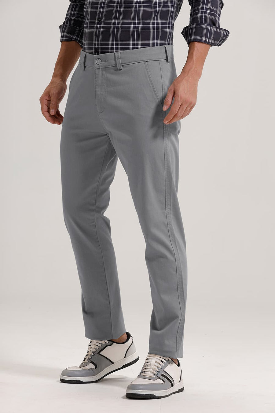 BASICS TAPERED FIT NEUTRAL GREY COTTON STRETCH TROUSER