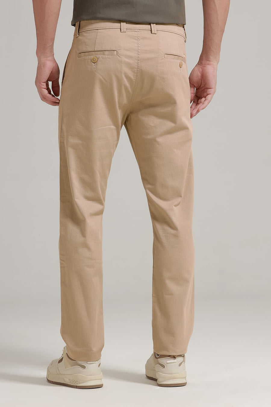 BASICS TAPERED FIT COBBLE STONE BEIGE COTTON STRETCH TROUSER