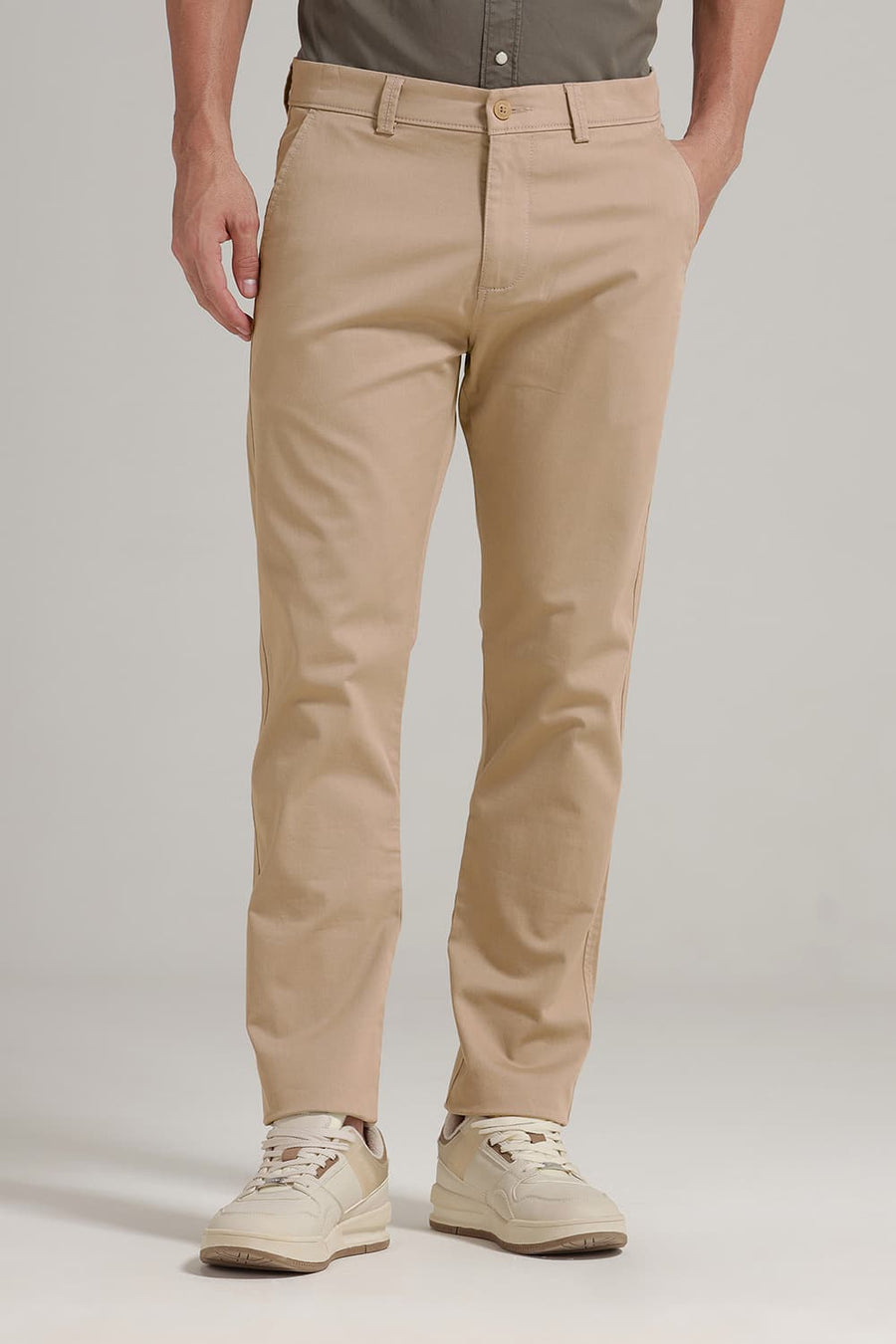 BASICS TAPERED FIT COBBLE STONE BEIGE COTTON STRETCH TROUSER
