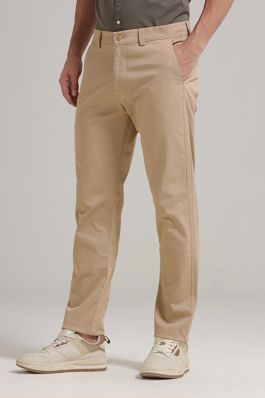 BASICS TAPERED FIT COBBLE STONE BEIGE COTTON STRETCH TROUSER