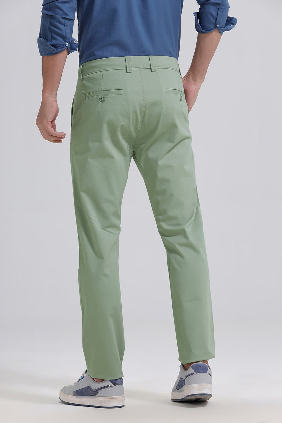BASICS TAPERED FIT SEA GRASS GREEN COTTON STRETCH TROUSER