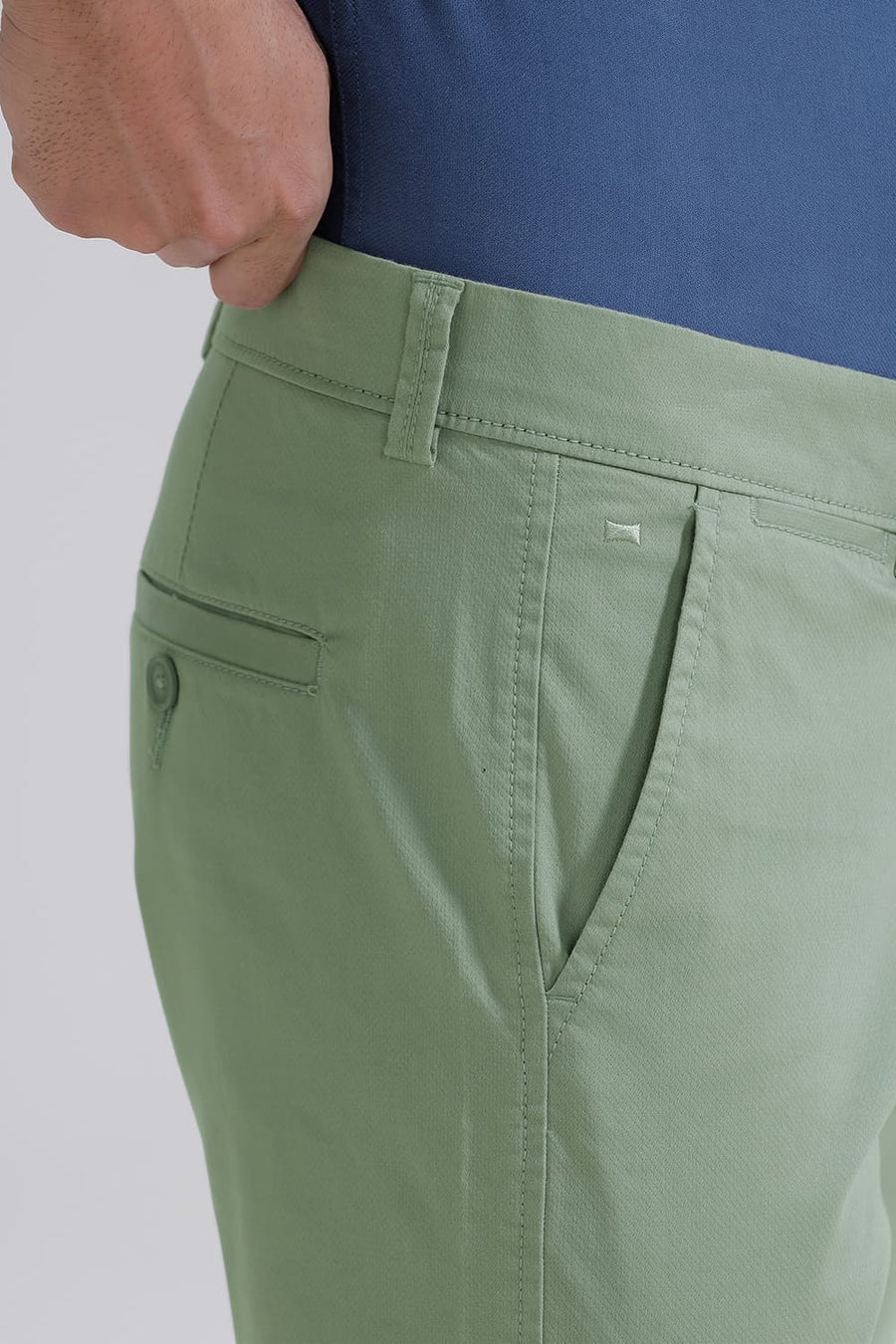 BASICS TAPERED FIT SEA GRASS GREEN COTTON STRETCH TROUSER
