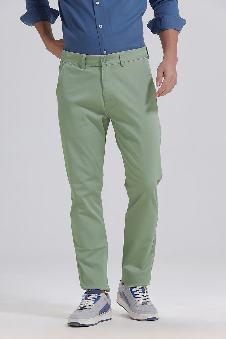 BASICS TAPERED FIT SEA GRASS GREEN COTTON STRETCH TROUSER