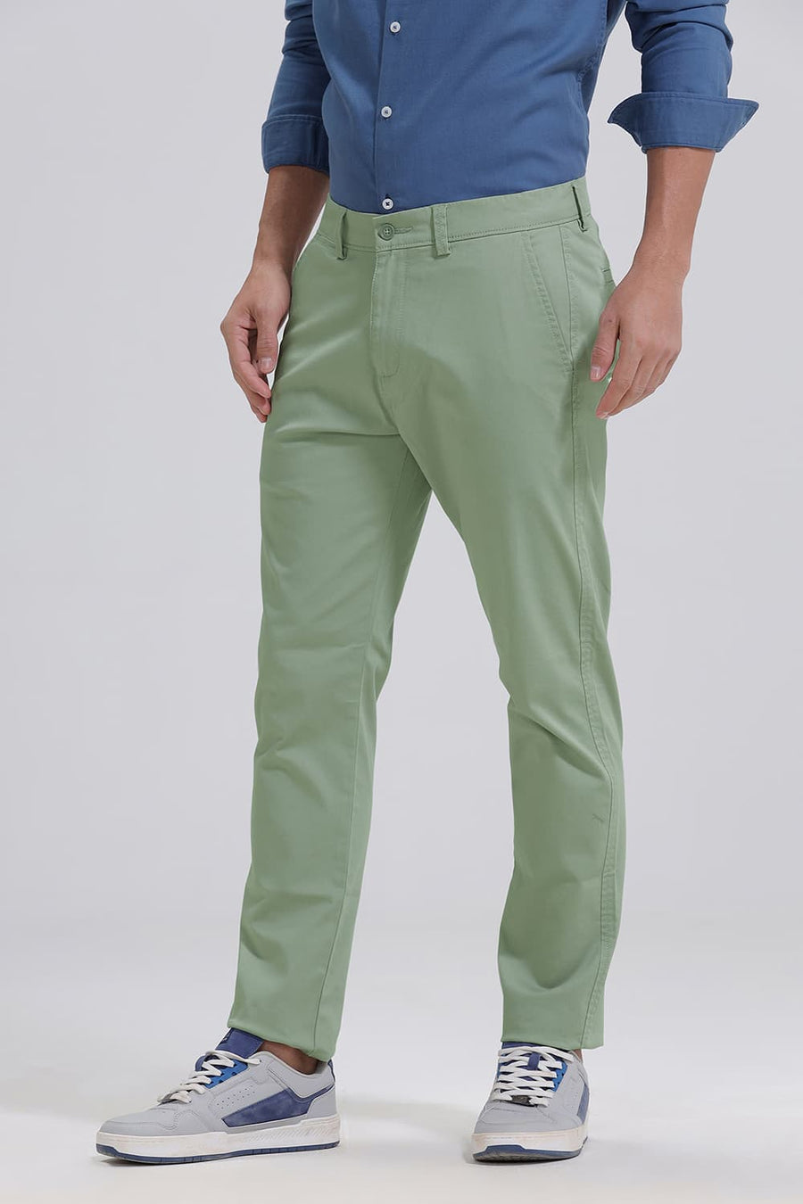 BASICS TAPERED FIT SEA GRASS GREEN COTTON STRETCH TROUSER