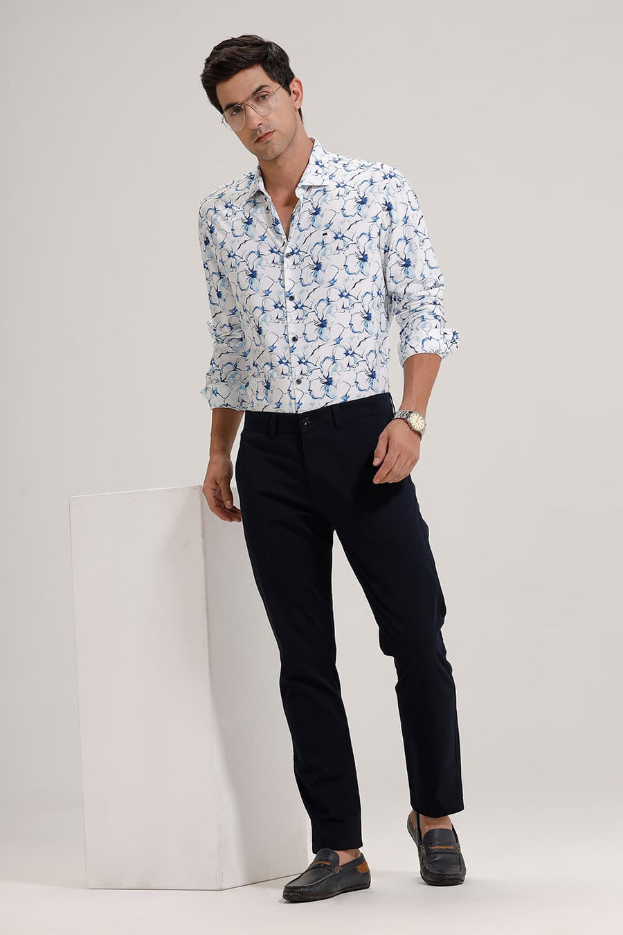 BASICS TAPERED FIT MIDNIGHT NAVY COTTON STRETCH TROUSER