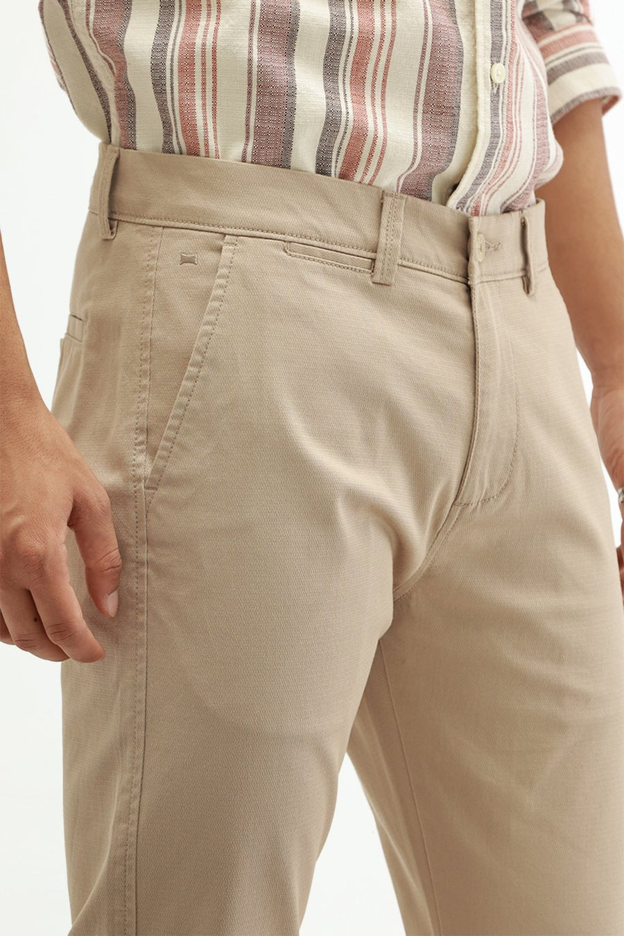BASICS TAPERED FIT NOMAD BEIGE COTTON STRETCH STRUCTURE TROUSER