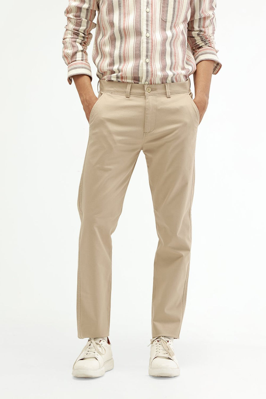 BASICS TAPERED FIT NOMAD BEIGE COTTON STRETCH STRUCTURE TROUSER