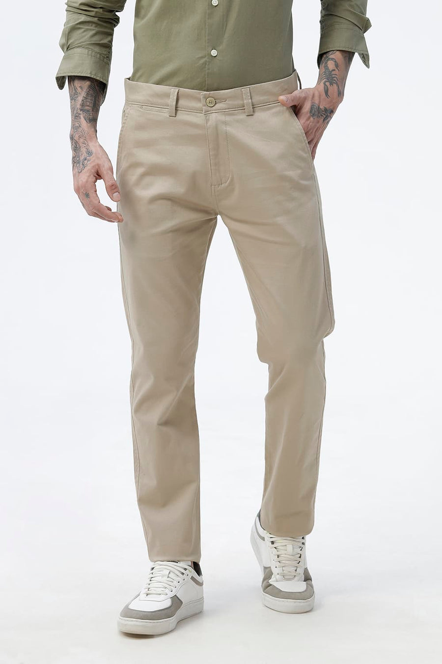 BASICS TAPERED FIT NOMAD BEIGE COTTON STRETCH STRUCTURE TROUSER
