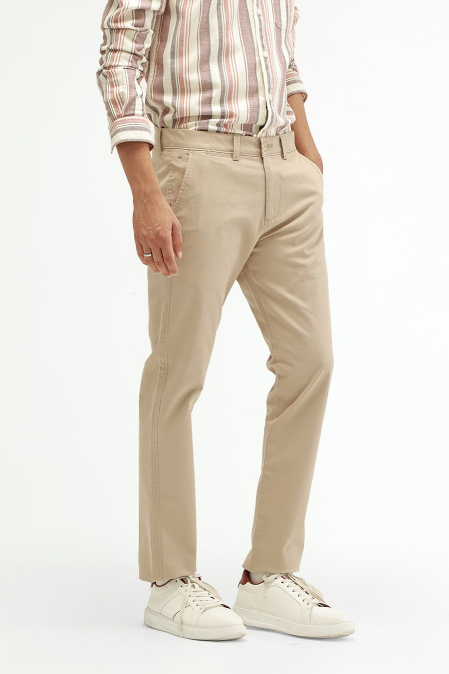BASICS TAPERED FIT NOMAD BEIGE COTTON STRETCH STRUCTURE TROUSER