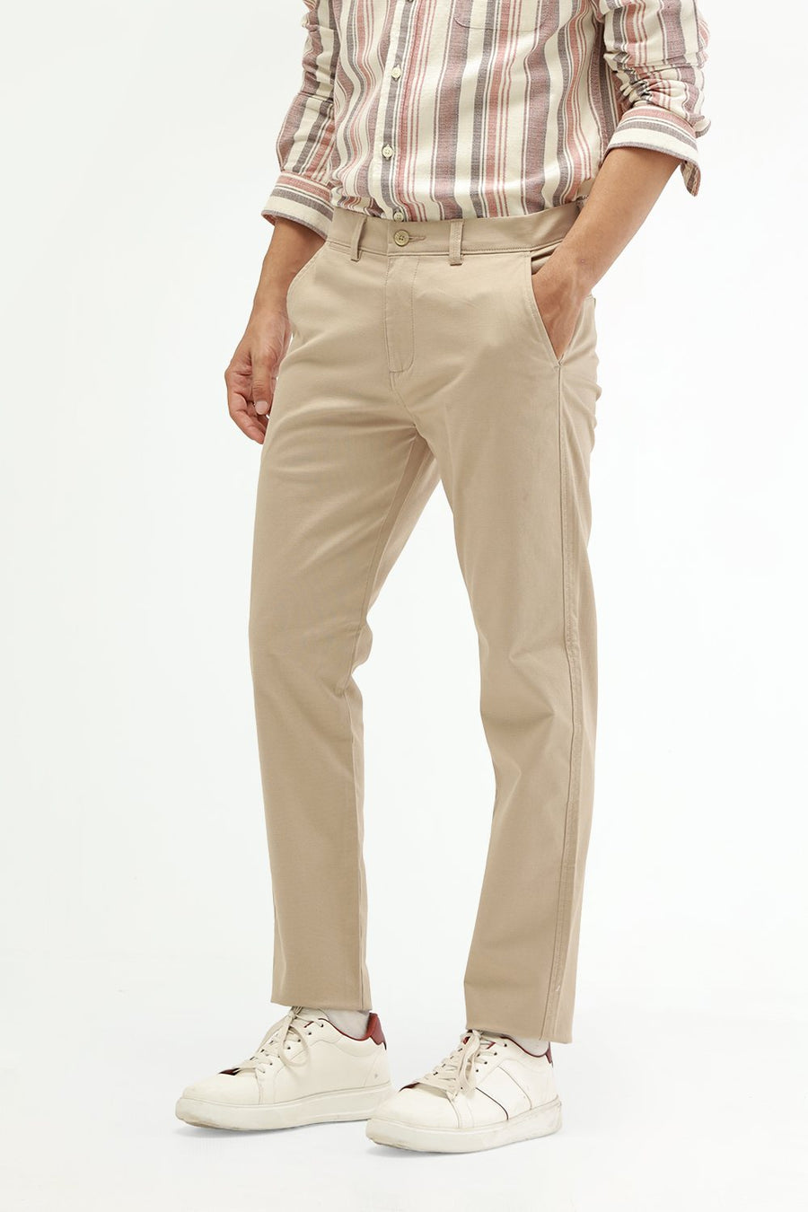 BASICS TAPERED FIT NOMAD BEIGE COTTON STRETCH STRUCTURE TROUSER