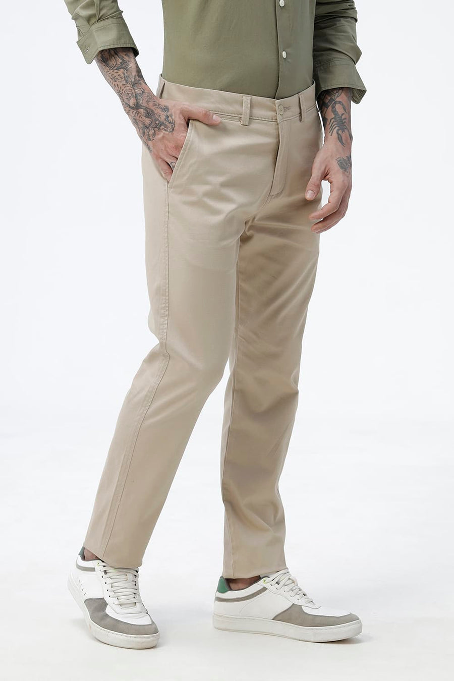 BASICS TAPERED FIT NOMAD BEIGE COTTON STRETCH STRUCTURE TROUSER