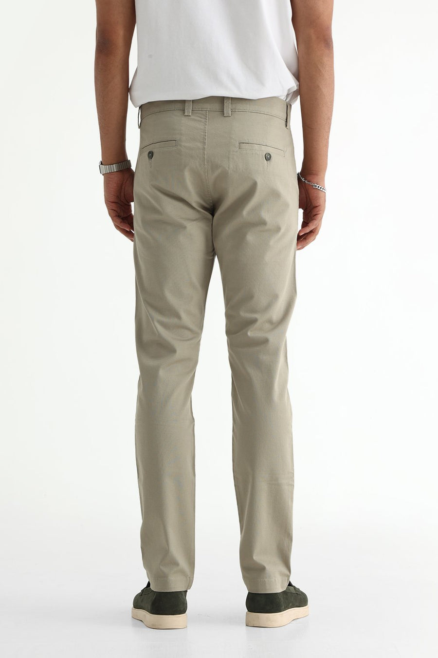 BASICS TAPERED FIT ELM GREEN COTTON STRETCH STRUCTURE TROUSER