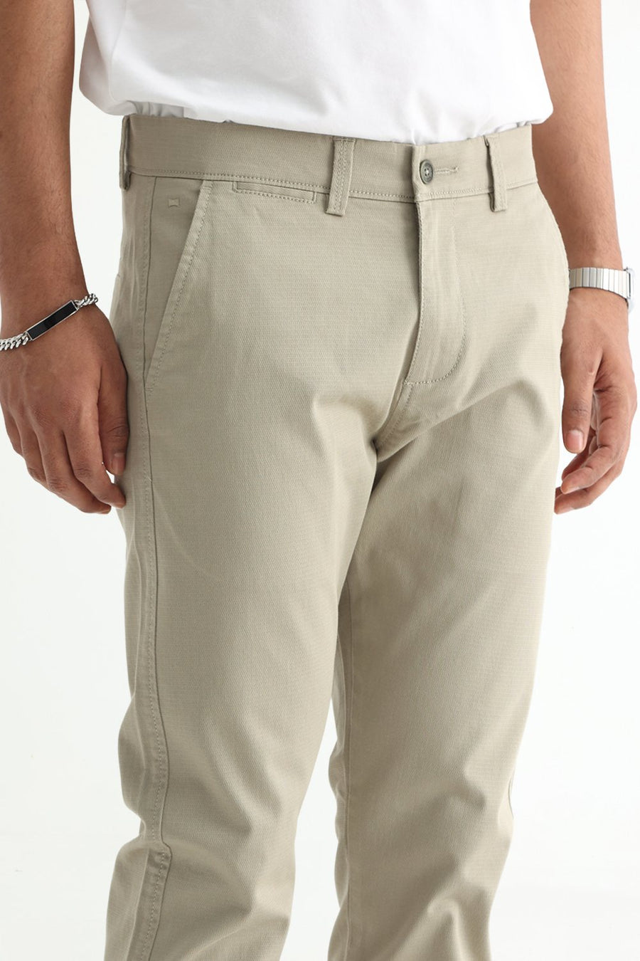 BASICS TAPERED FIT ELM GREEN COTTON STRETCH STRUCTURE TROUSER