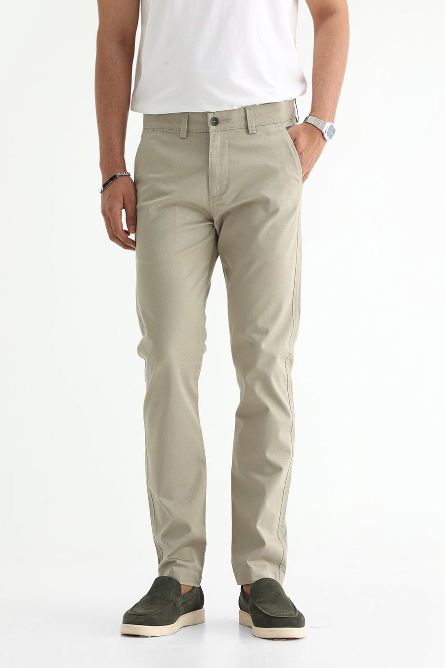 BASICS TAPERED FIT ELM GREEN COTTON STRETCH STRUCTURE TROUSER