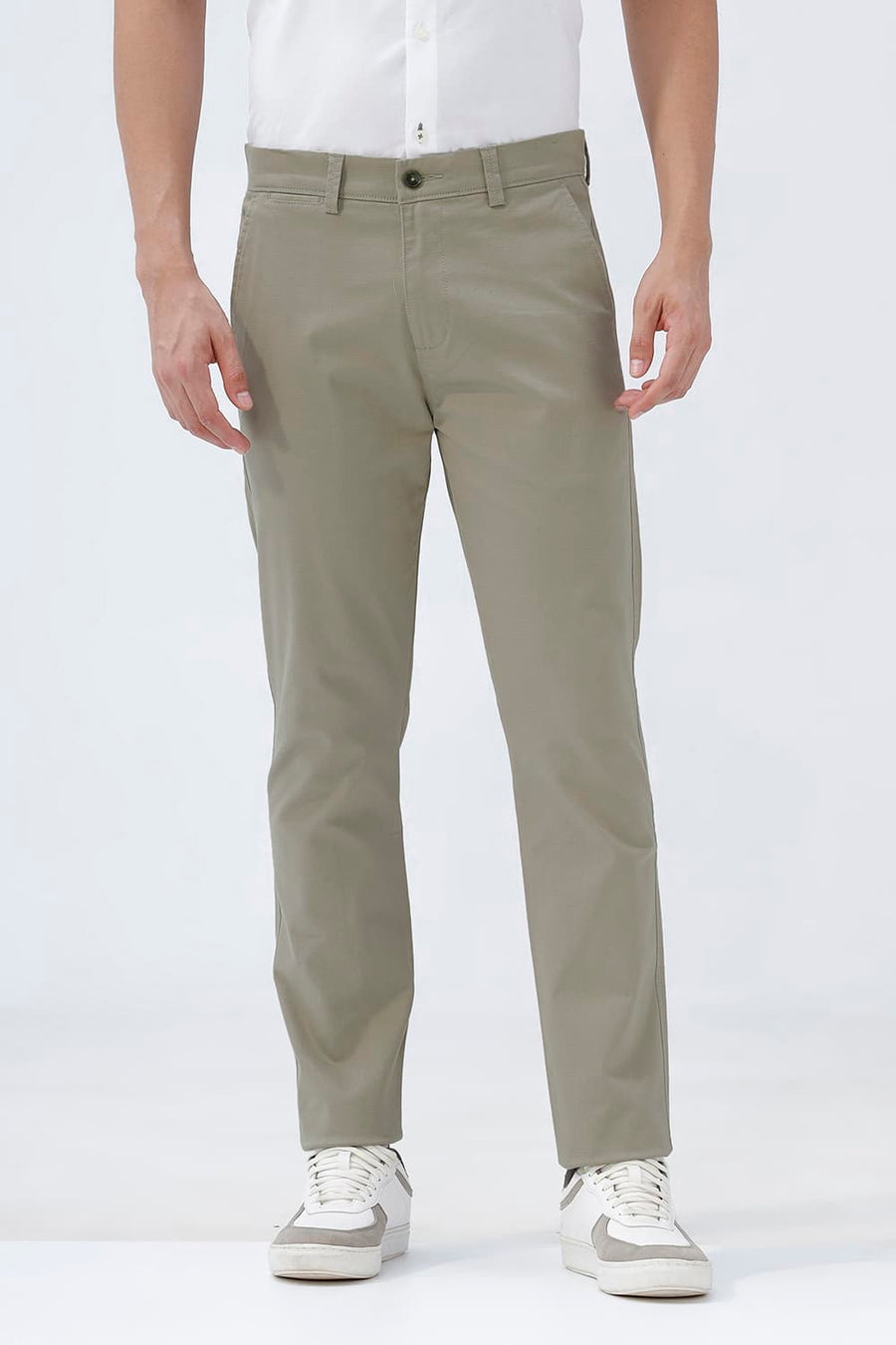 BASICS TAPERED FIT ELM GREEN COTTON STRETCH STRUCTURE TROUSER