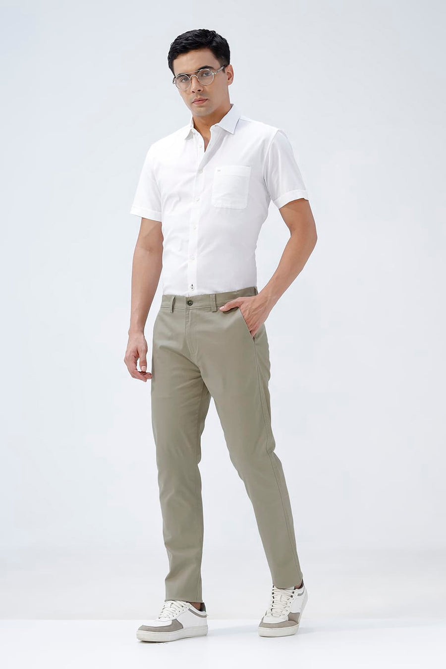 BASICS TAPERED FIT ELM GREEN COTTON STRETCH STRUCTURE TROUSER