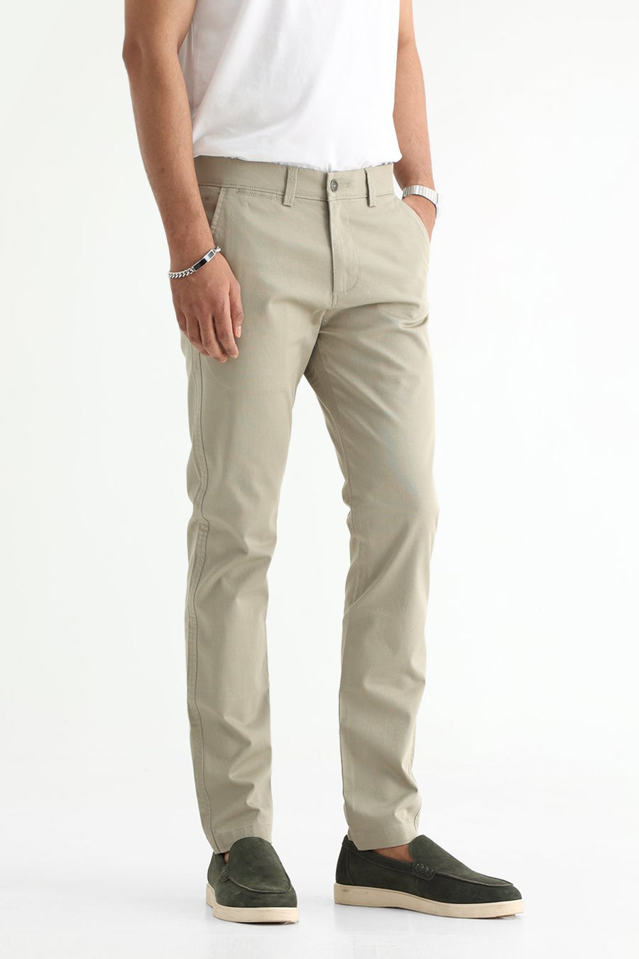 BASICS TAPERED FIT ELM GREEN COTTON STRETCH STRUCTURE TROUSER
