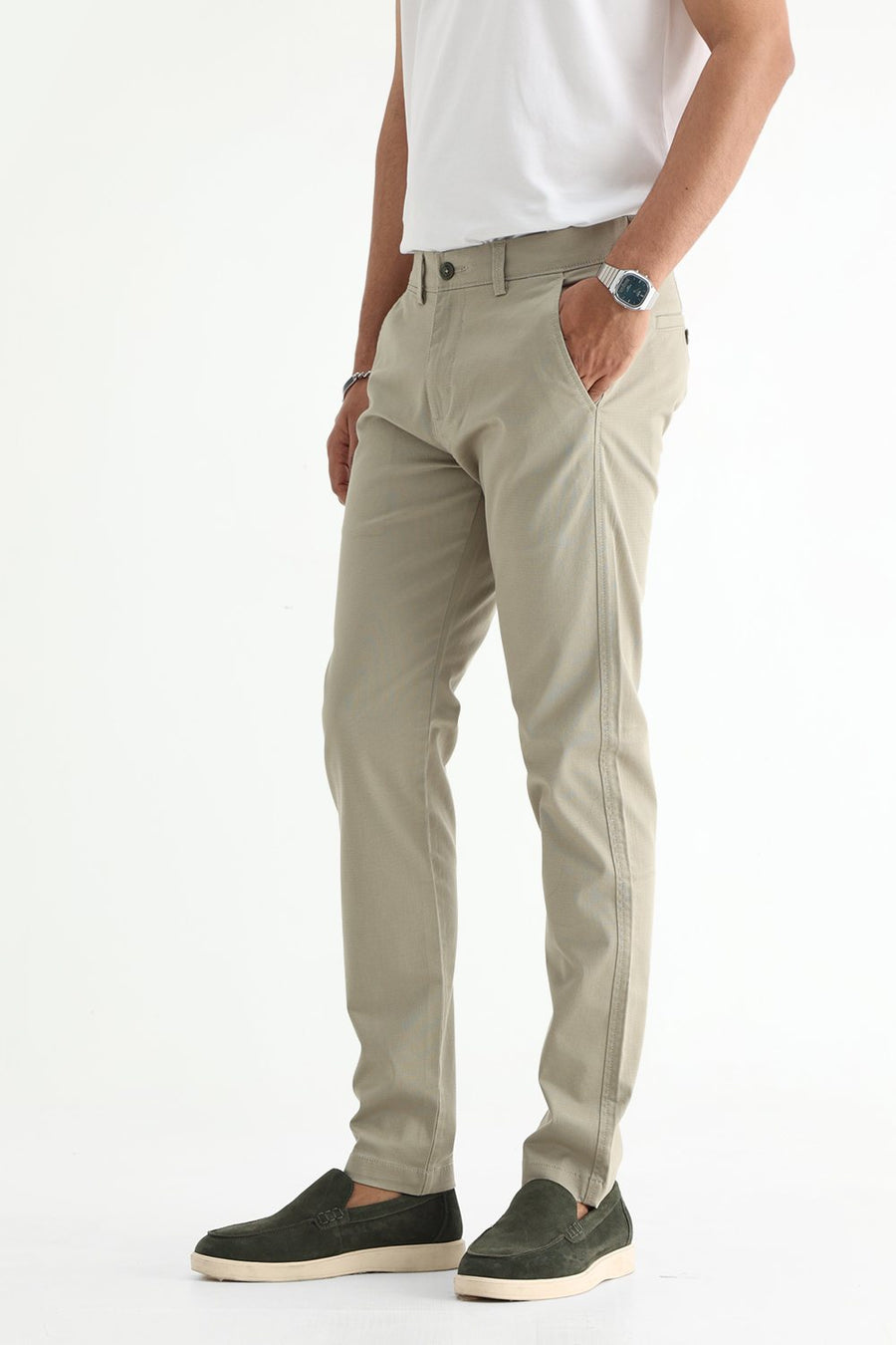 BASICS TAPERED FIT ELM GREEN COTTON STRETCH STRUCTURE TROUSER