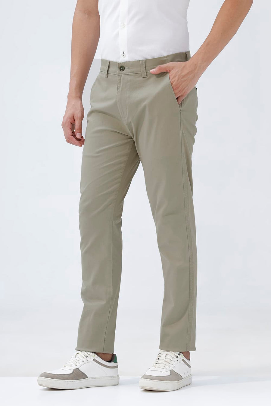 BASICS TAPERED FIT ELM GREEN COTTON STRETCH STRUCTURE TROUSER