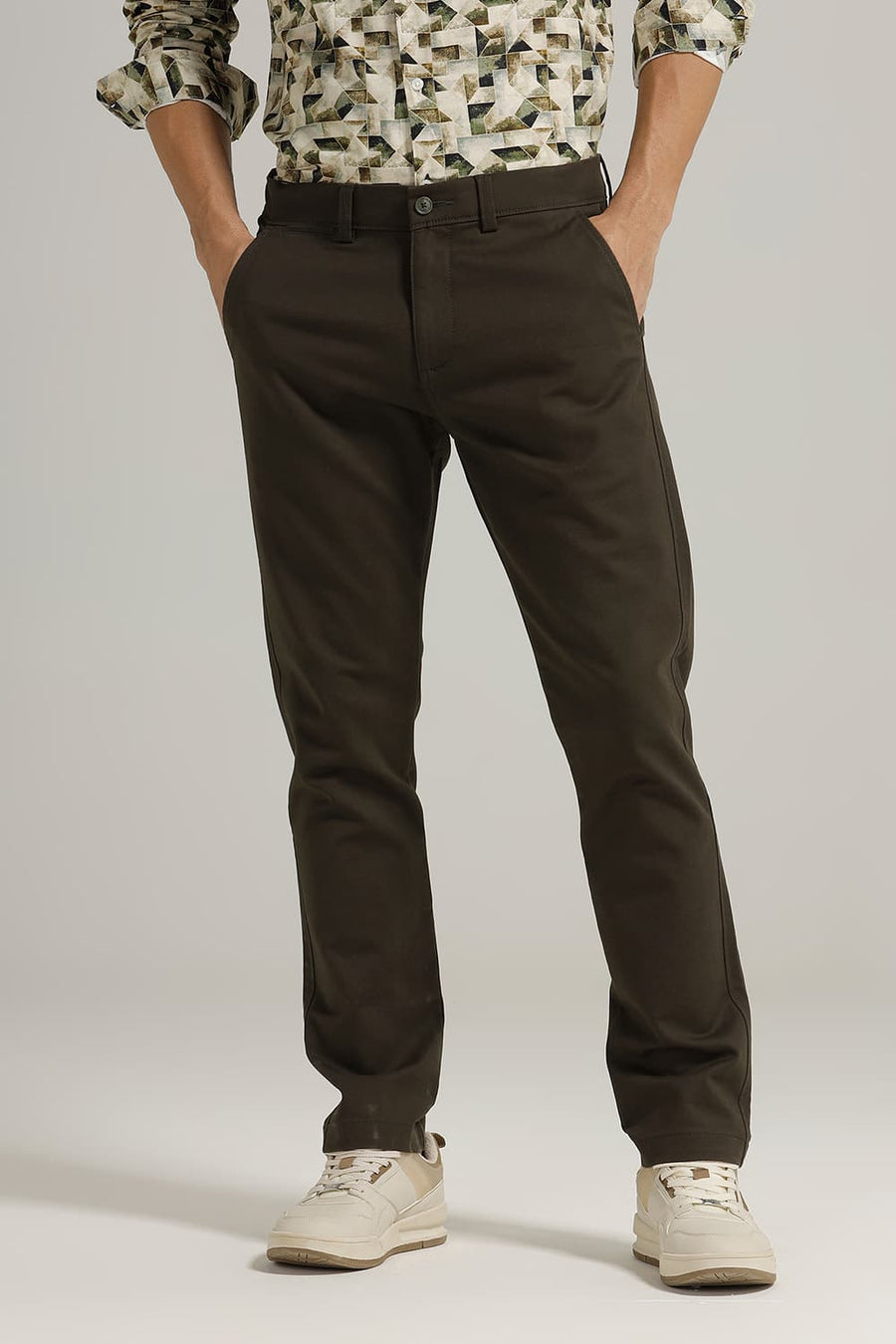 BASICS TAPERED FIT CHIMERA OLIVE COTTON STRETCH TROUSER