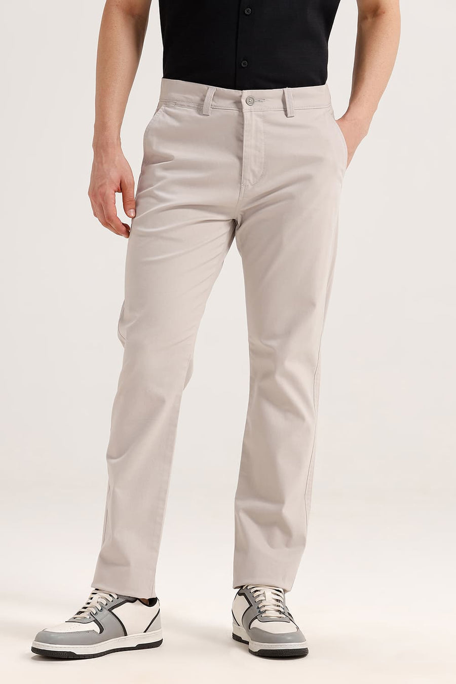 BASICS TAPERED FIT SILVER GREY COTTON STRETCH TROUSER