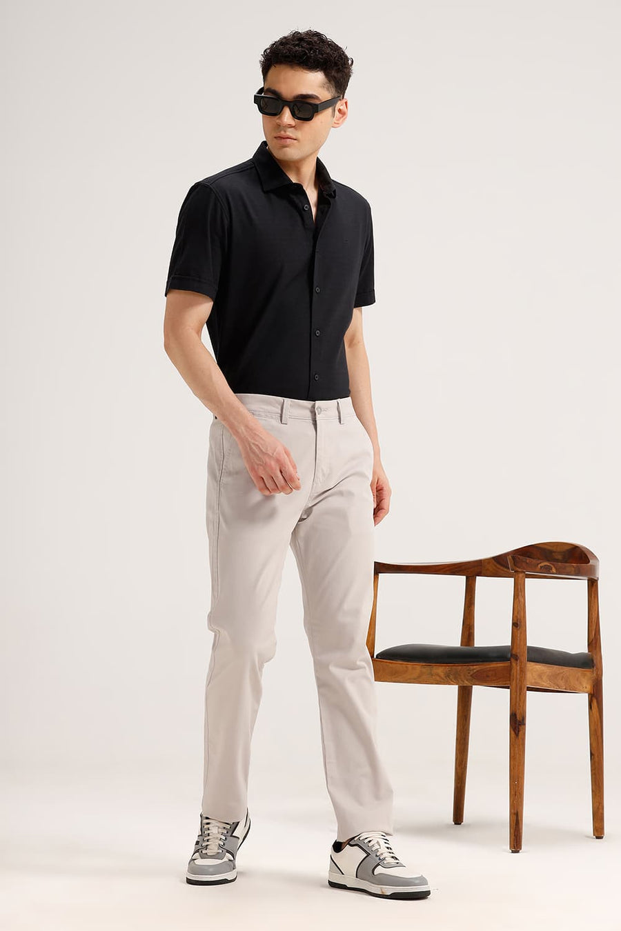 BASICS TAPERED FIT SILVER GREY COTTON STRETCH TROUSER
