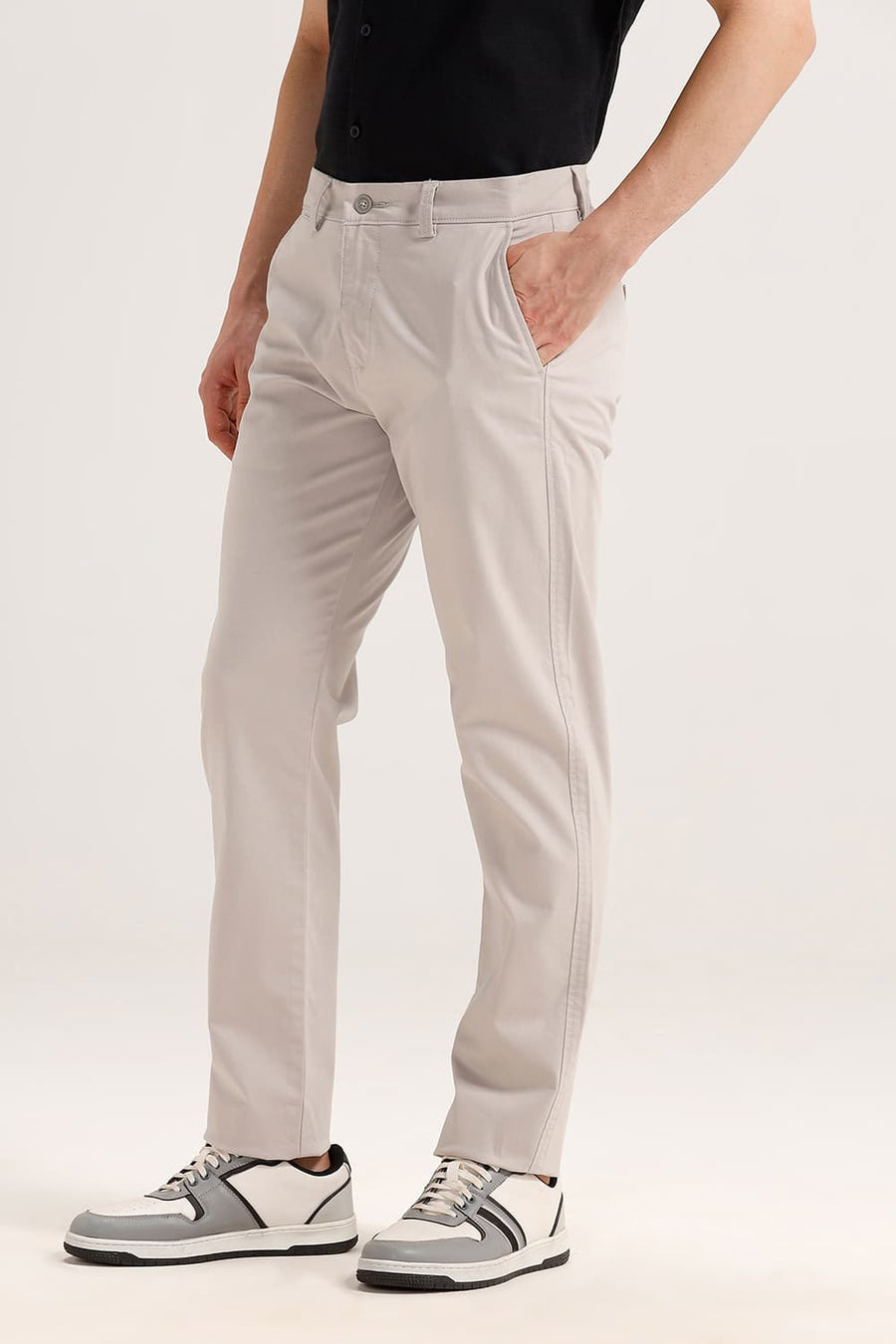 BASICS TAPERED FIT SILVER GREY COTTON STRETCH TROUSER
