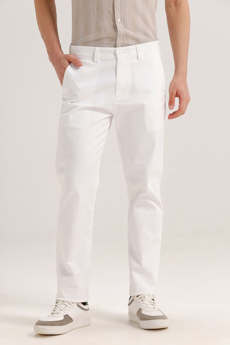 BASICS TAPERED FIT CLOUD WHITE COTTON STRETCH TROUSER